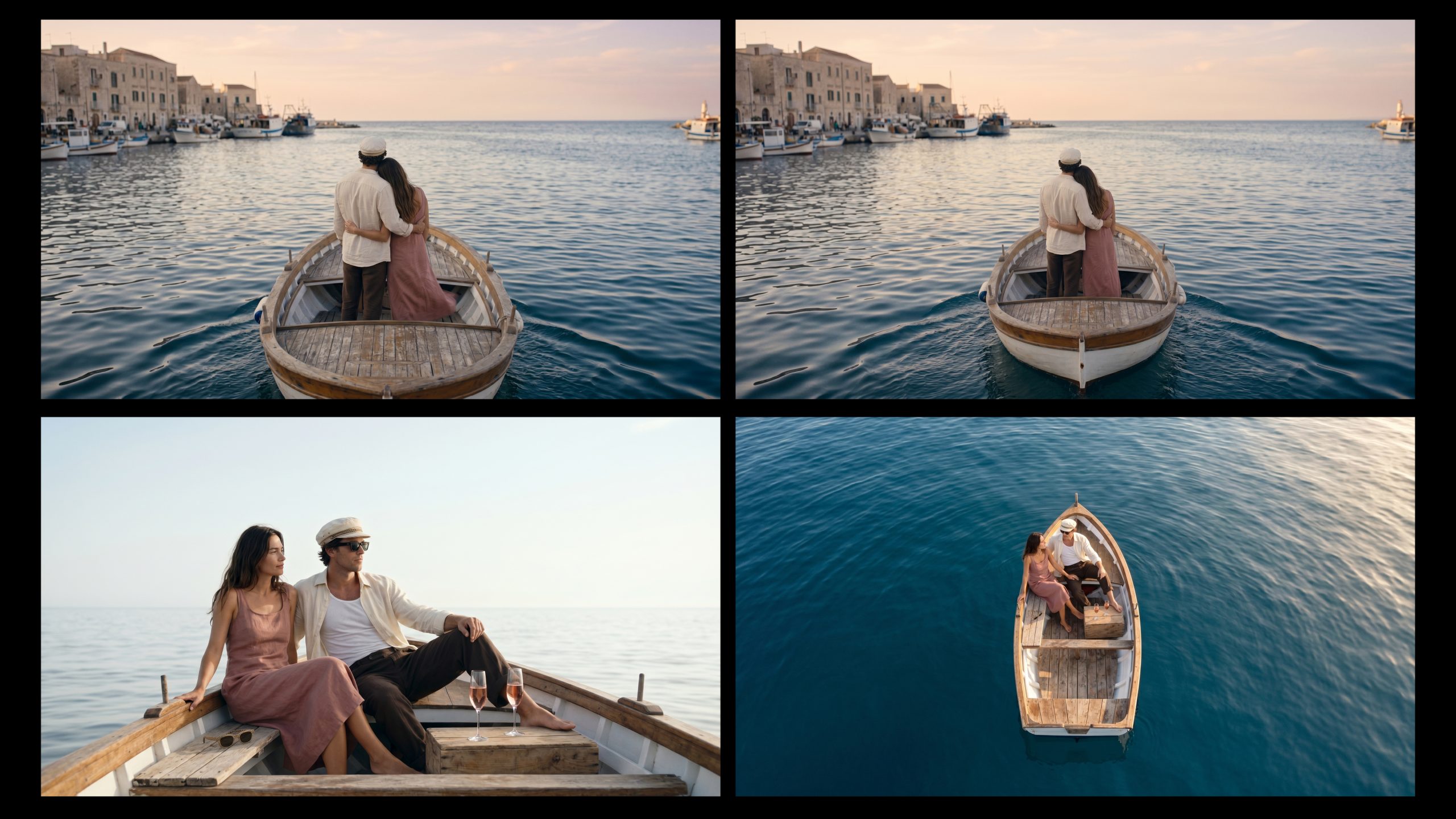 Storyboard cinématographique d’une campagne champagne premium montrant un couple à bord d’un bateau au coucher du soleil dans un univers luxe et émotionnel.