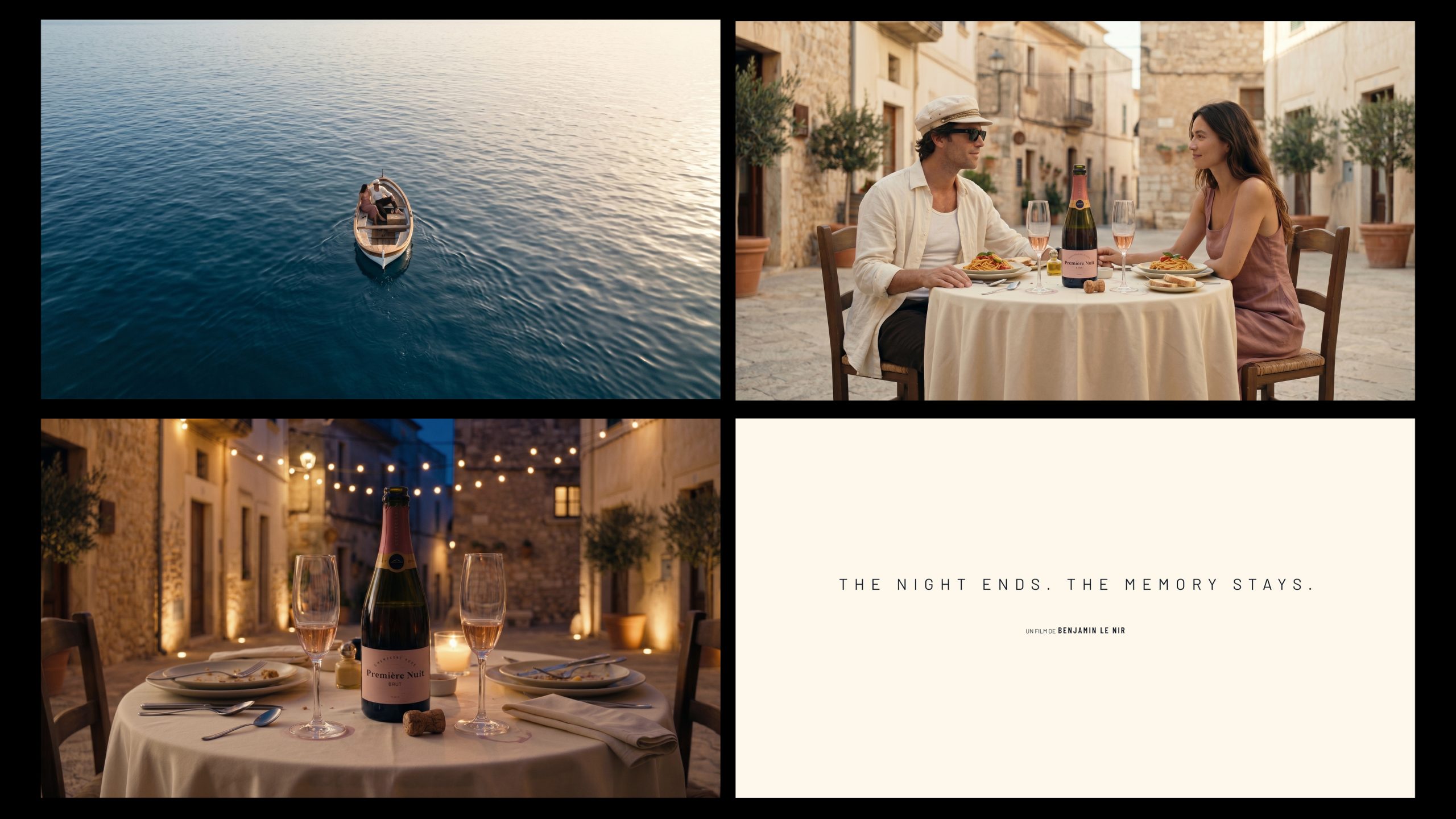 Storyboard final d’une publicité champagne premium avec packshot bouteille, dîner romantique et slogan inspiré des campagnes parfum et cinéma luxe.