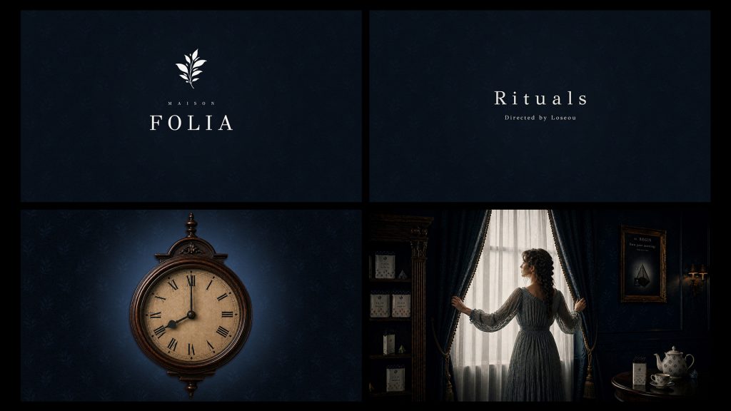 Storyboard de la publicité créée avec IA pour Maison Folia montrant l’ouverture cinématographique du film avec logo, horloge ancienne et scène de réveil devant les rideaux.