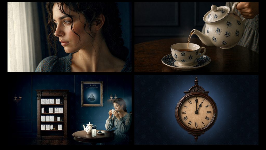 Storyboard du film publicitaire Maison Folia avec portraits sensoriels, préparation du thé et ambiance immersive autour du rituel Begin.