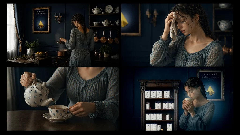 Storyboard d’un film de marque pour un emballage thé personnalisé, montrant une scène immersive autour du rituel du thé avec ambiance cinématographique