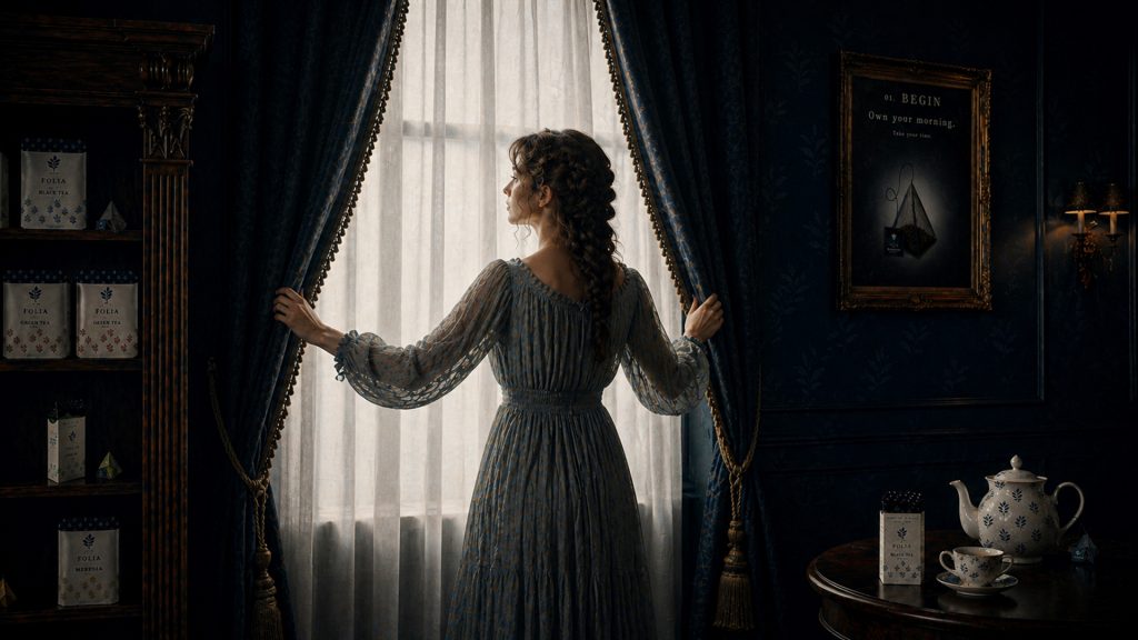 Scène cinématographique générée par IA avec une femme ouvrant des rideaux dans un univers inspiré du thé premium pour un film publicitaire Maison Folia.