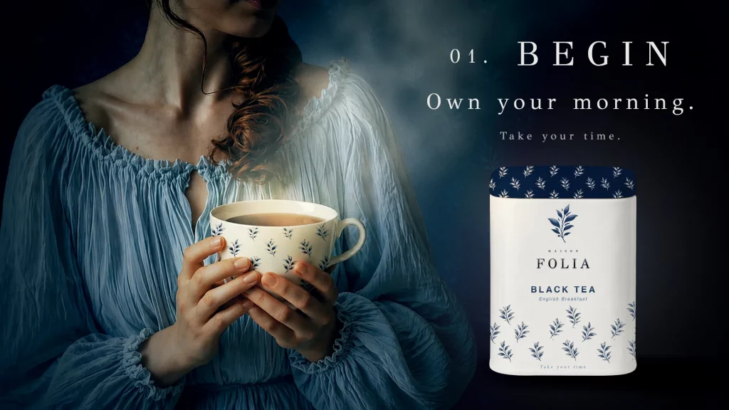 Femme dégustant une tasse de thé noir assortie au packaging Maison Folia, ambiance matinale Begin.