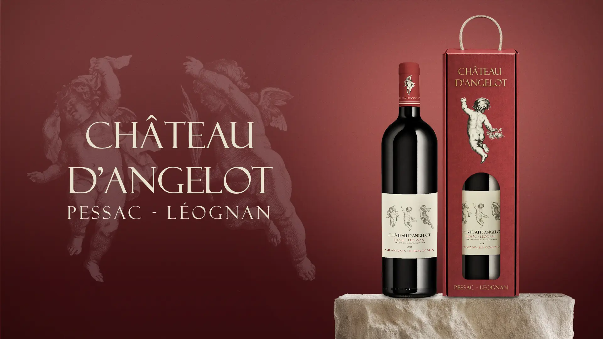 Conception graphique et design premium de bouteille pour Château Angelot, expert en identité visuelle pour les vins de Bordeaux.