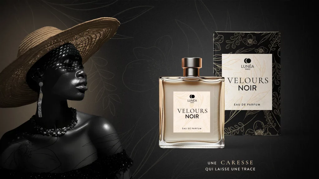 Direction artistique et univers graphique pour le parfum Velours Noir, associant photographie de mode et design de packaging cosmétique de luxe.