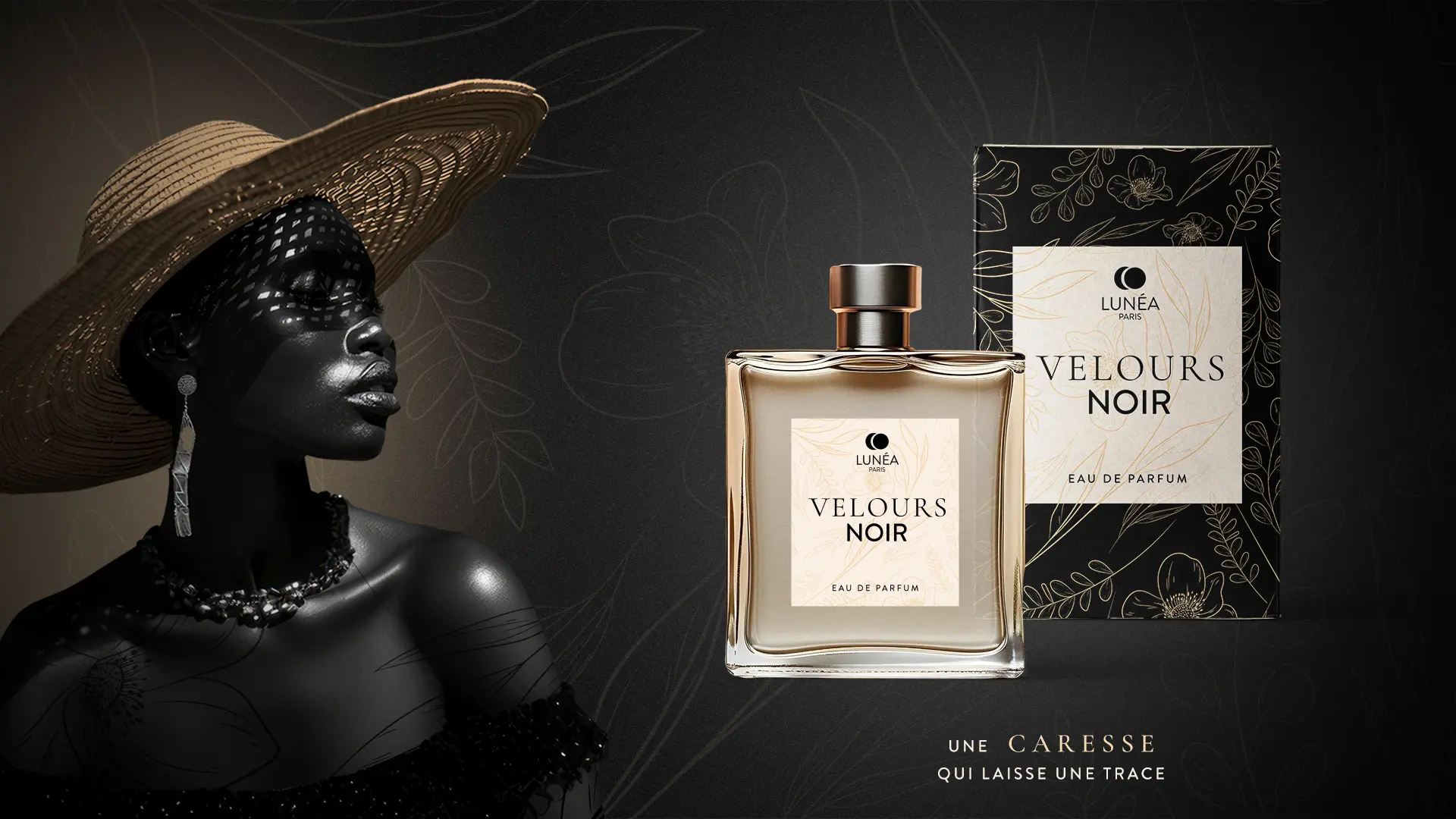 Direction artistique et univers graphique pour le parfum Velours Noir, associant photographie de mode et design de packaging cosmétique de luxe.