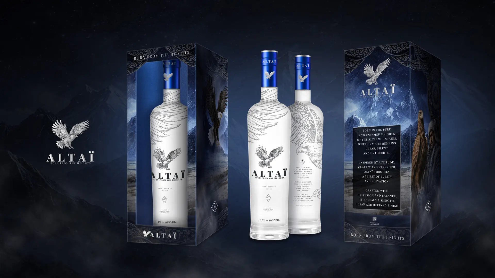 Mockup grand format de l'univers de marque et du packaging premium de la vodka Altai, avec une mise en scène dans un décor de montagnes.