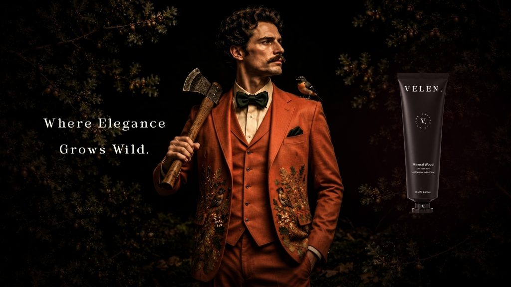 Campagne publicitaire Mineral Wood de la marque VELEN. mettant en scène un univers inspiré du chêne, de la forêt et des rituels masculins