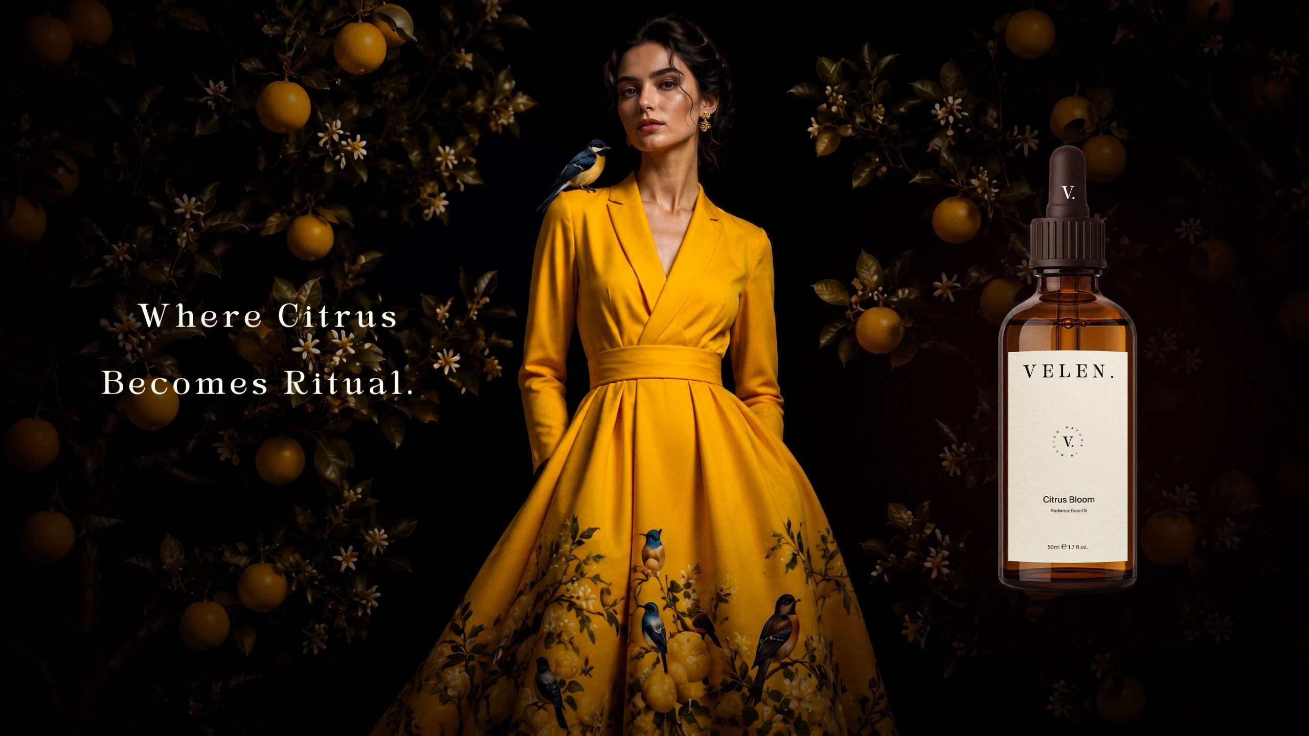 Campagne publicitaire Citrus Bloom de la marque VELEN. mettant en scène l'univers du produit à travers une direction artistique inspirée des agrumes et de la nature