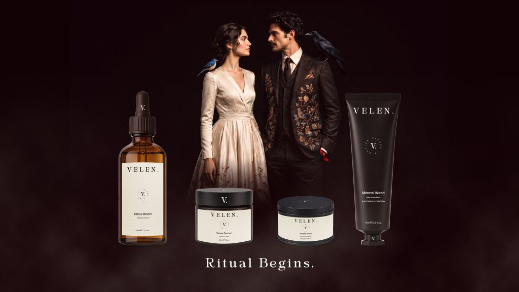 Univers de marque Velen réunissant les personnages, les produits cosmétiques et la signature Ritual Begins