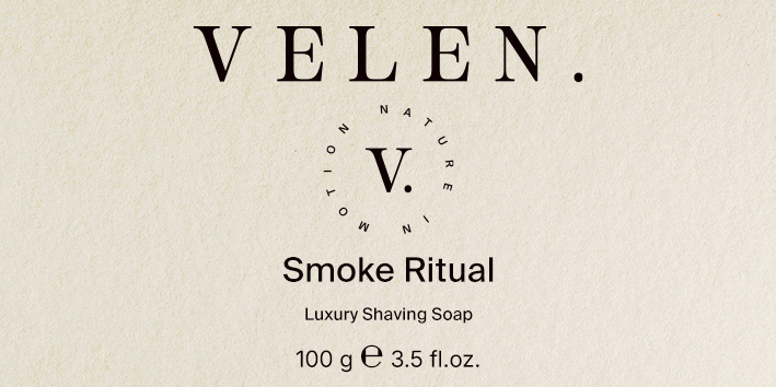 Design d'étiquette minimaliste Smoke Ritual conçu pour le savon à barbe de la marque cosmétique premium VELEN.