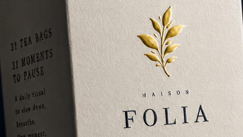 Zoom sur Gaufrage sur packaging de thé haut de gamme Folia