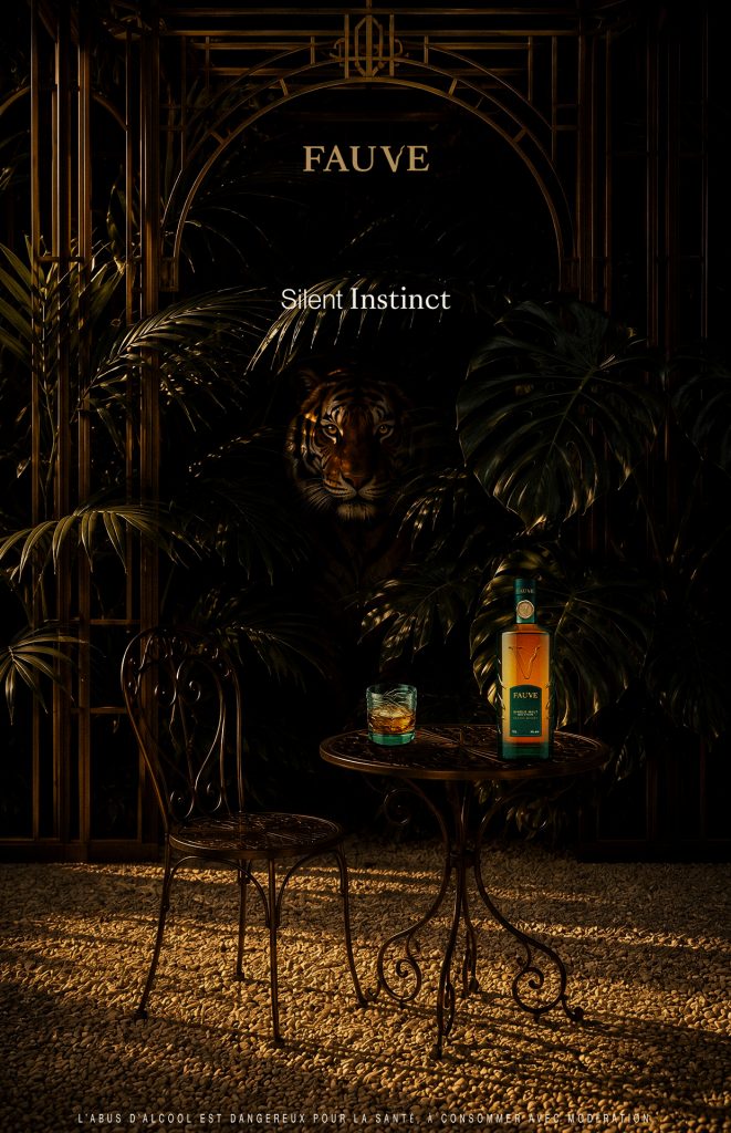 Affiche publicitaire de la marque de whisky FAUVE montrant Kael dans un jardin d'hiver Art déco avec une bouteille de whisky et un verre.