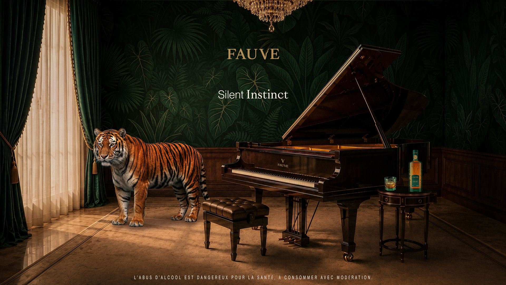 Affiche publicitaire de la marque de whisky FAUVE illustrant Kael dans une salle de musique Art déco avec un piano et la bouteille de whisky.