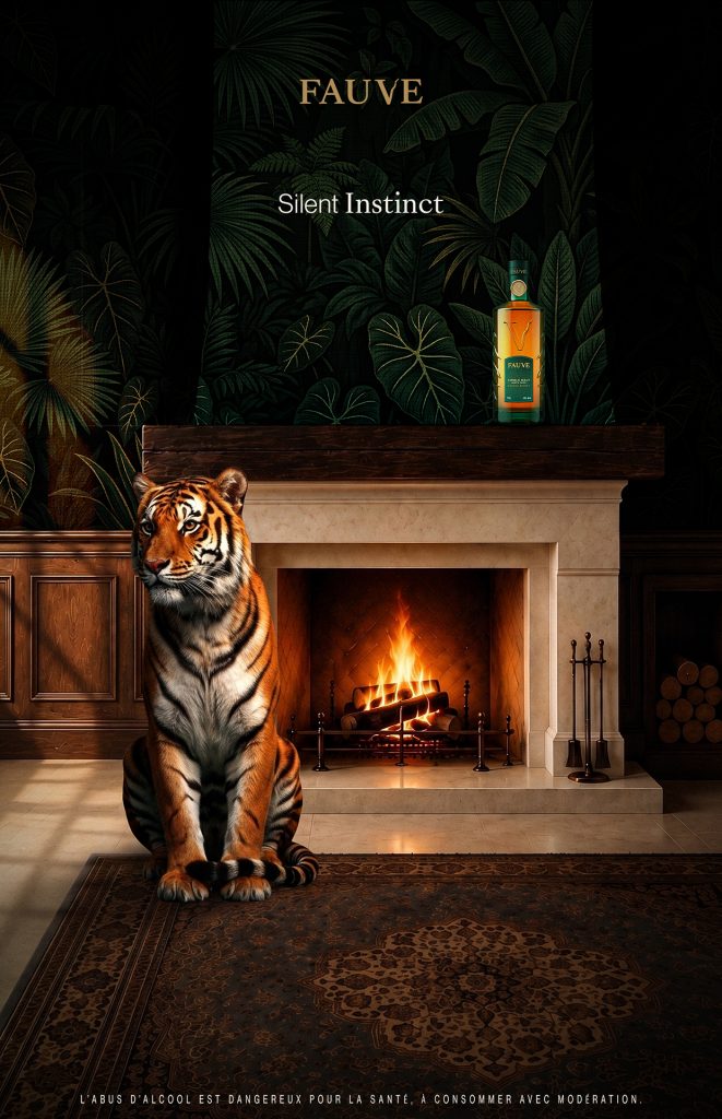 Affiche publicitaire de la marque de whisky FAUVE représentant Kael devant une cheminée dans un salon Art déco avec la bouteille de whisky.