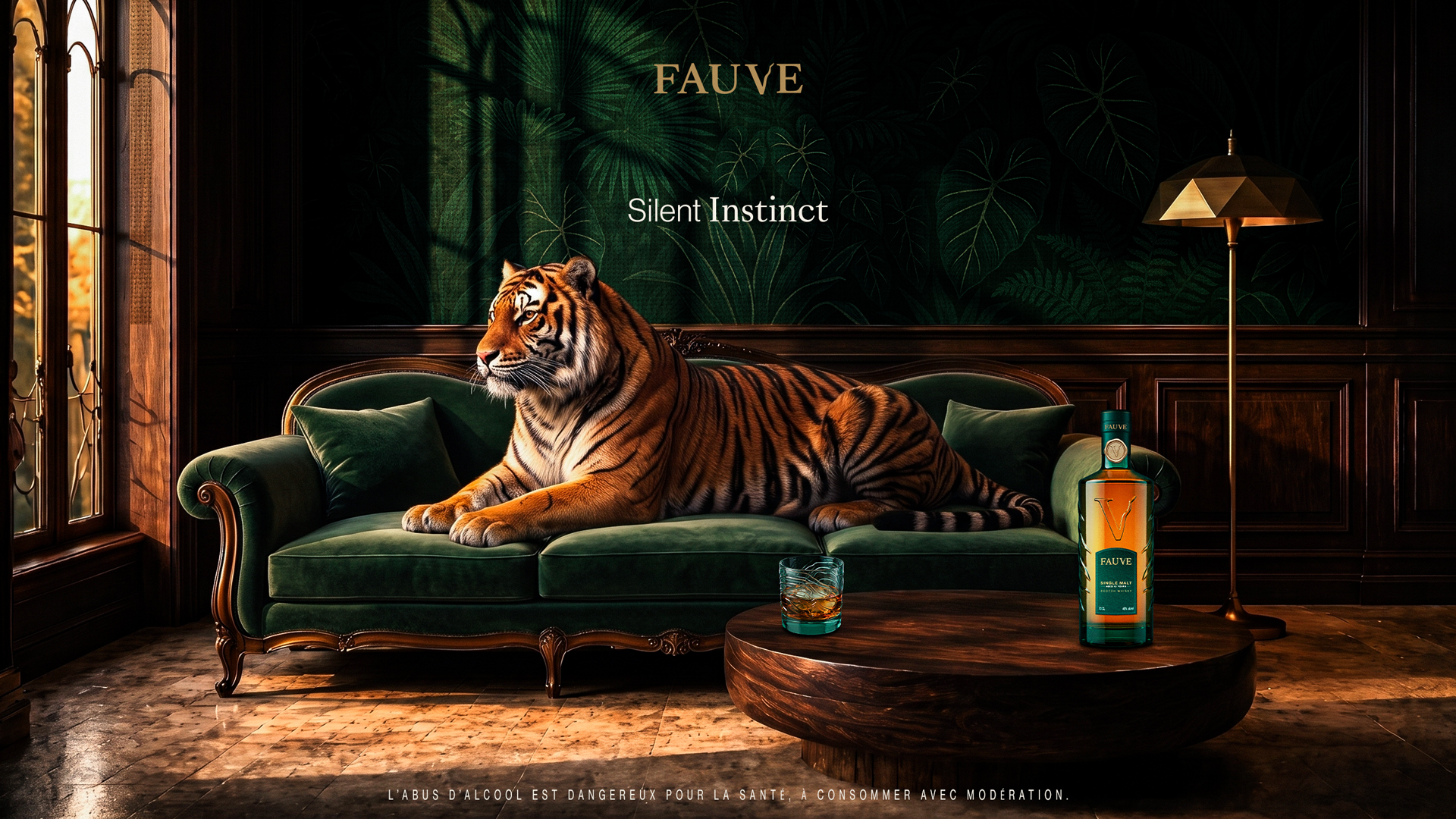 Affiche publicitaire de la marque de whisky FAUVE montrant Kael allongé sur un canapé dans un salon Art déco avec une bouteille de whisky et un verre.