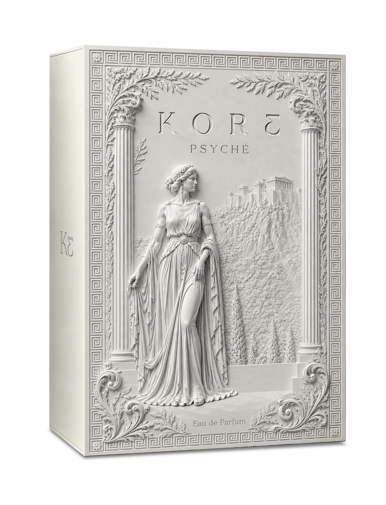 Coffret du parfum Psyché de la marque KORE avec bas-relief blanc représentant Psyché devant un temple grec inspiré de la mythologie antique.