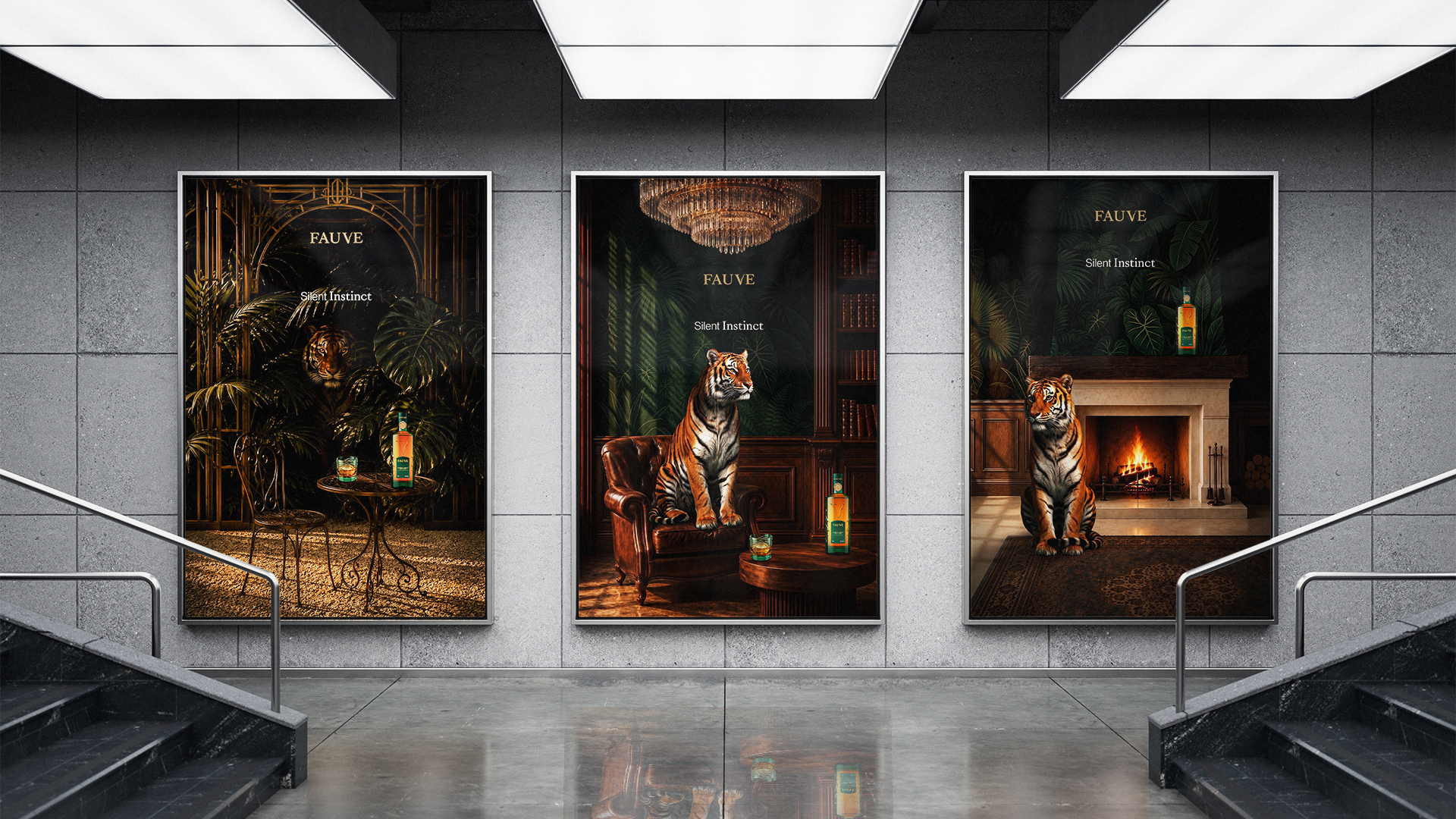 Présentation de la campagne publicitaire de la marque de whisky FAUVE regroupant plusieurs affiches inspirées de l'Art déco mettant en scène Kael et le packaging whisky.