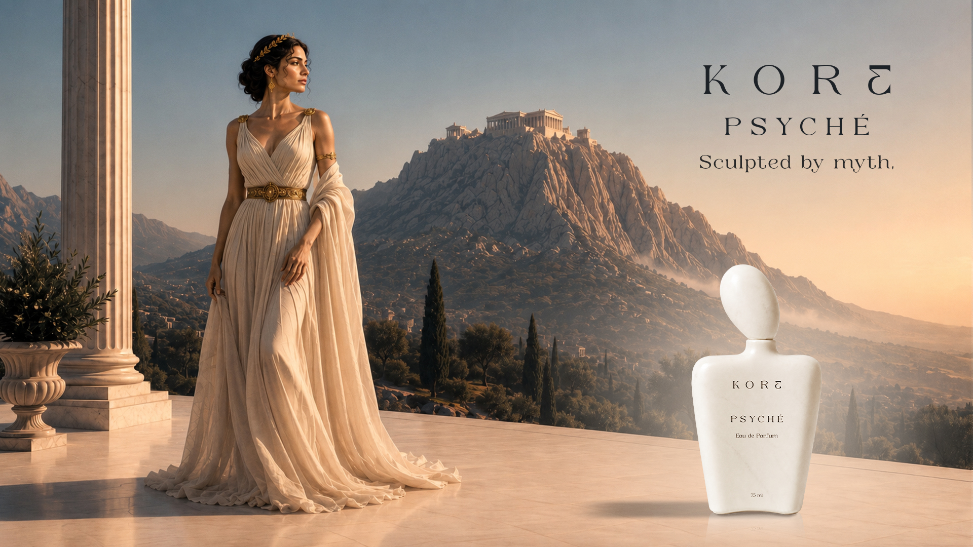 Campagne publicitaire du parfum Psyché de la marque KORE avec une femme inspirée de la mythologie grecque devant le Mont Olympe et le flacon en marbre blanc.