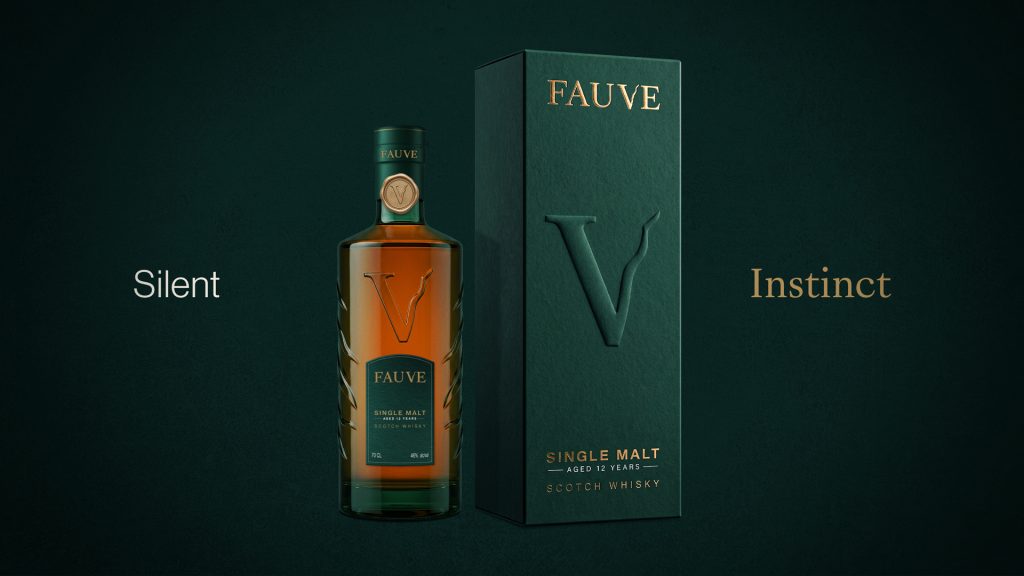 Packaging whisky de luxe FAUVE avec bouteille de single malt et coffret premium inspiré de l'Art déco