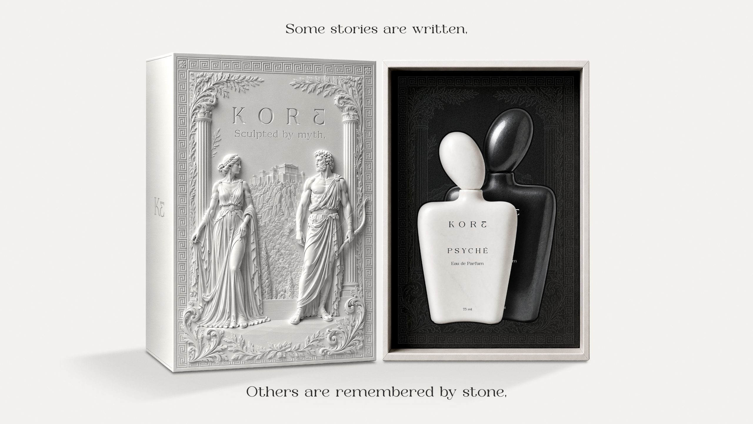 Coffret ouvert KORE révélant les parfums Eros et Psyché dans un écrin premium inspiré de la mythologie grecque.