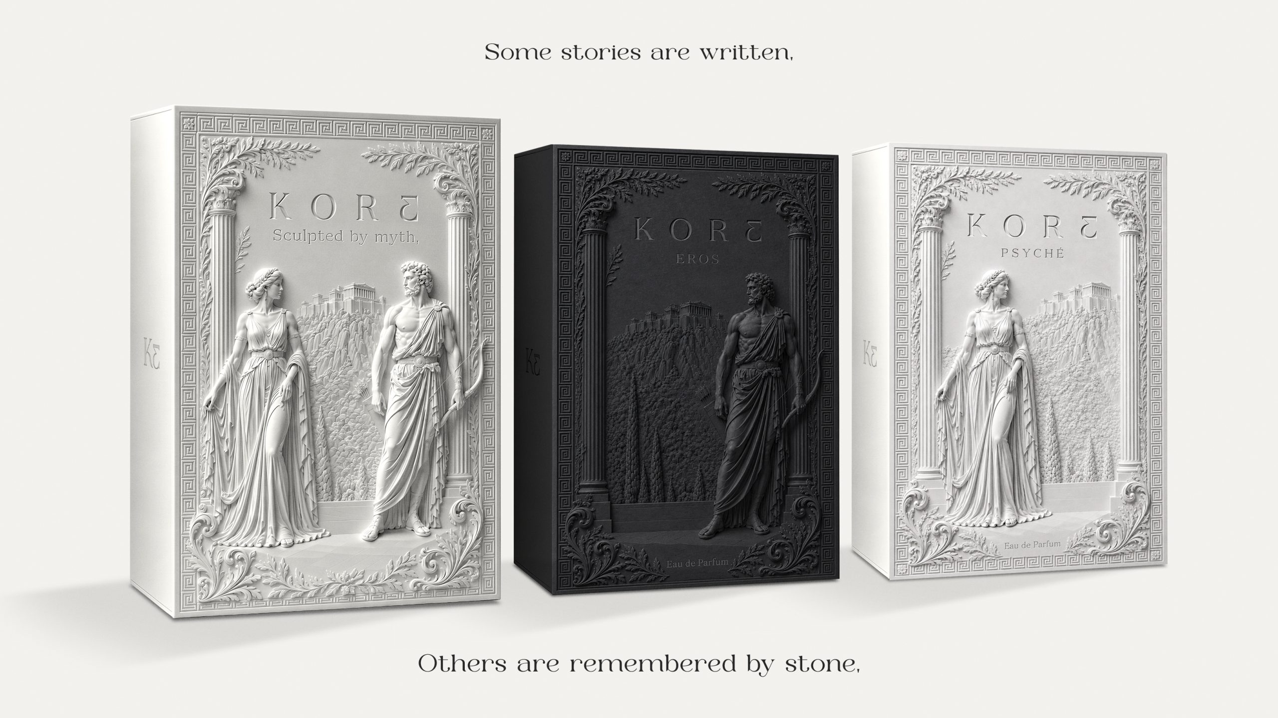 Collection complète KORE comprenant le coffret duo, le coffret Eros et le coffret Psyché présentés ensemble.