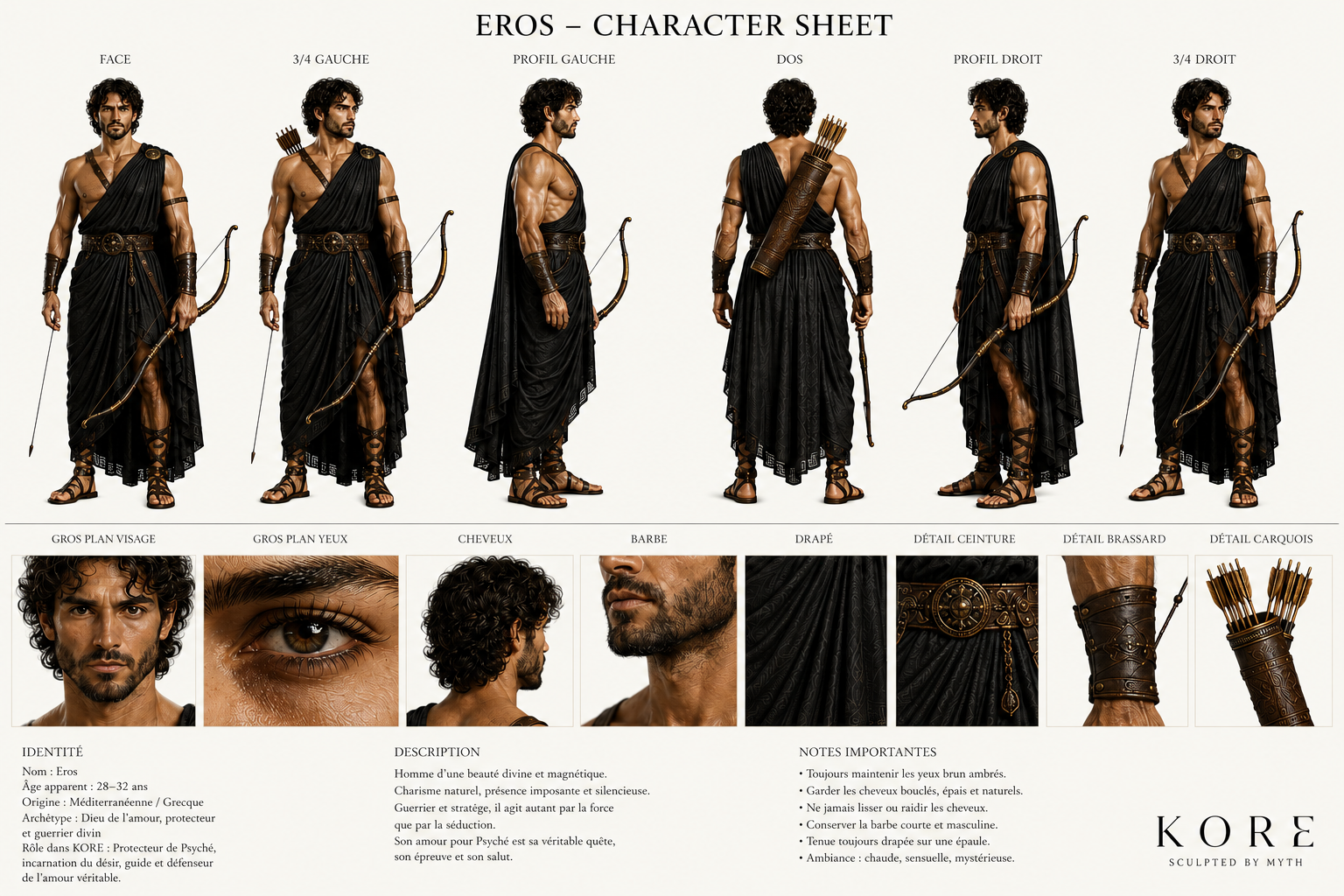 Turnaround d’Éros montrant le personnage de face, profil, dos et trois-quarts. Character sheet réalisé pour le projet KORE, parfum de luxe inspiré du mythe d’Éros et Psyché.