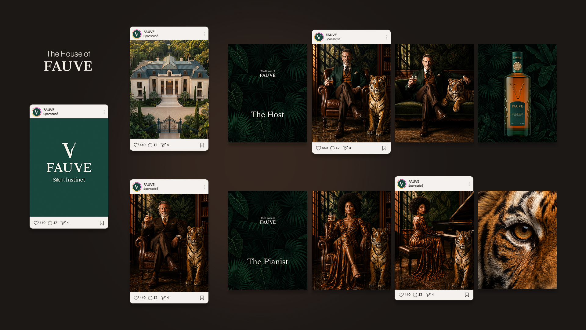 Maquettes de publications Instagram de la marque de whisky FAUVE présentant les personnages de la Maison FAUVE, le packaging whisky et l'univers Art déco de la campagne digitale.