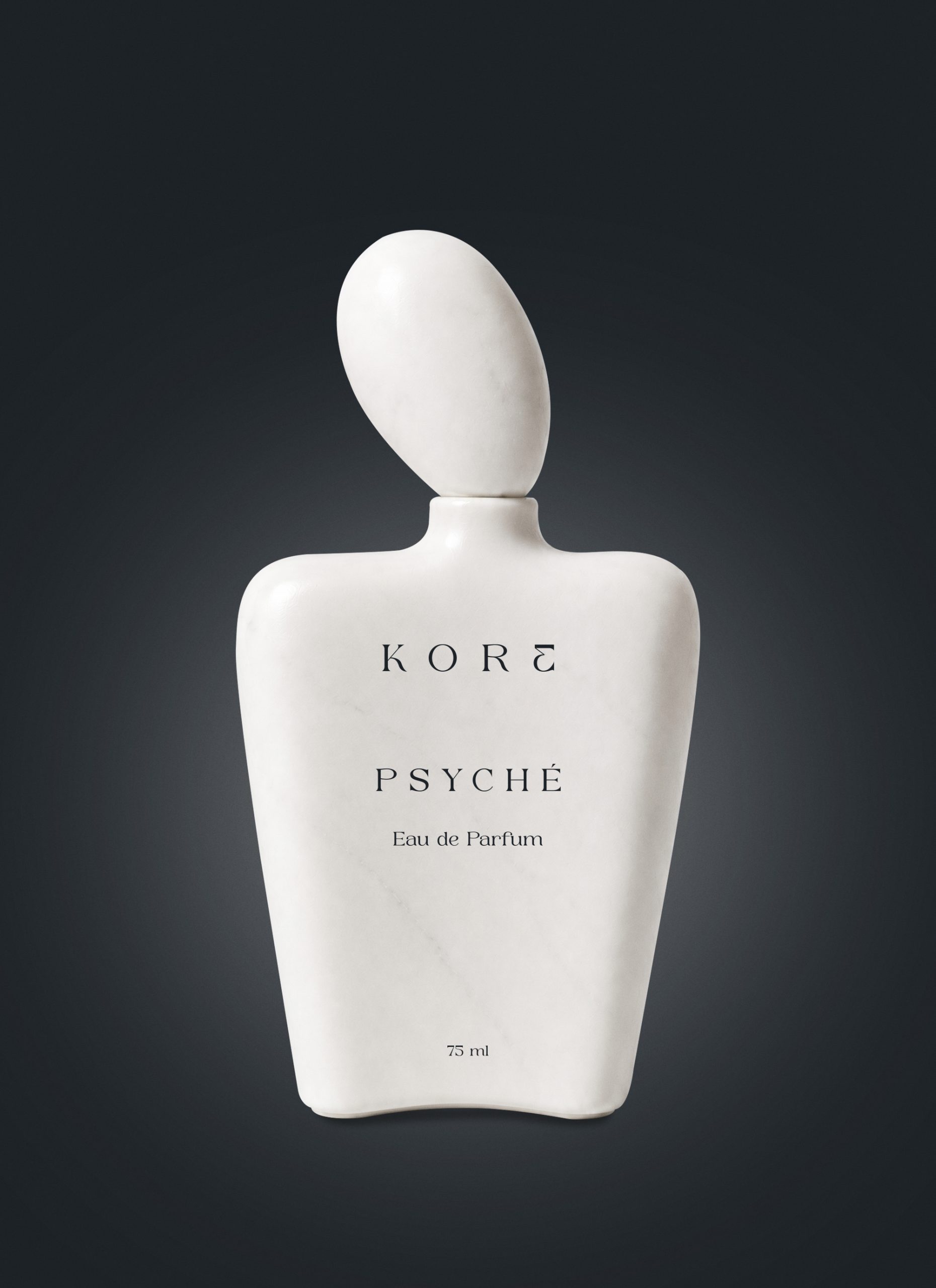Flacon de parfum Psyché de la marque KORE en marbre blanc avec silhouette sculpturale inspirée de la mythologie grecque.