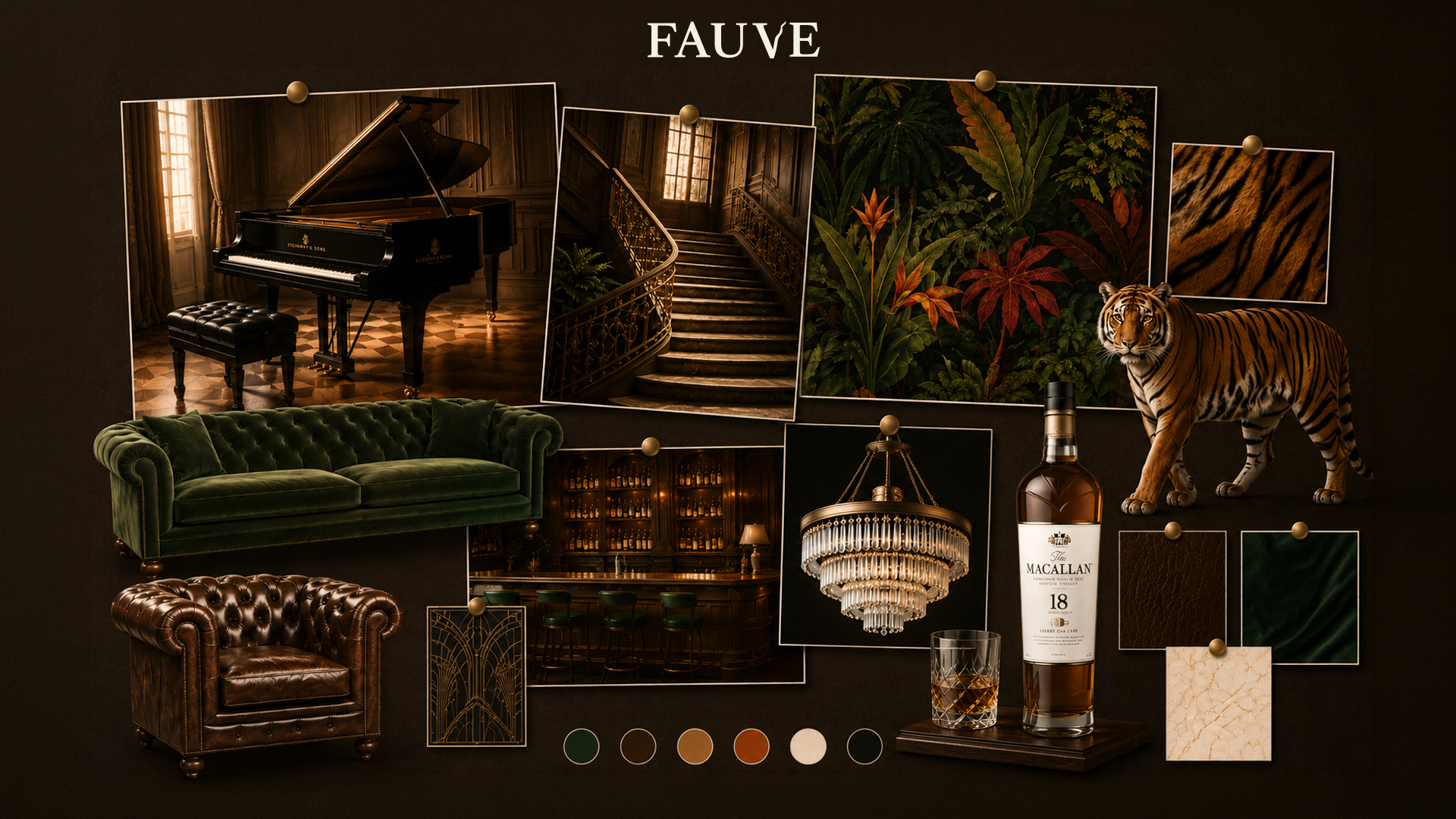 Moodboard du packaging whisky FAUVE présentant les inspirations Art déco, le tigre, les matières nobles, les couleurs, le mobilier et l'univers de la marque de whisky.