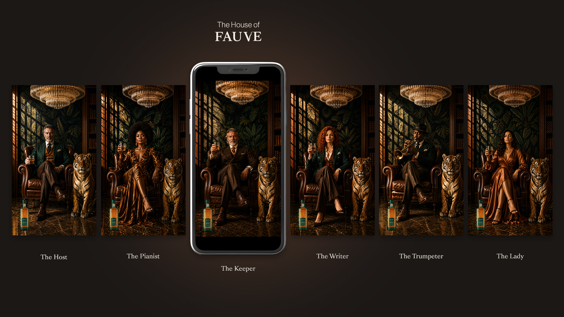 Présentation des Stories Instagram de la marque de whisky FAUVE mettant en scène les personnages de la Maison FAUVE et leur univers dans un format vertical 9:16.