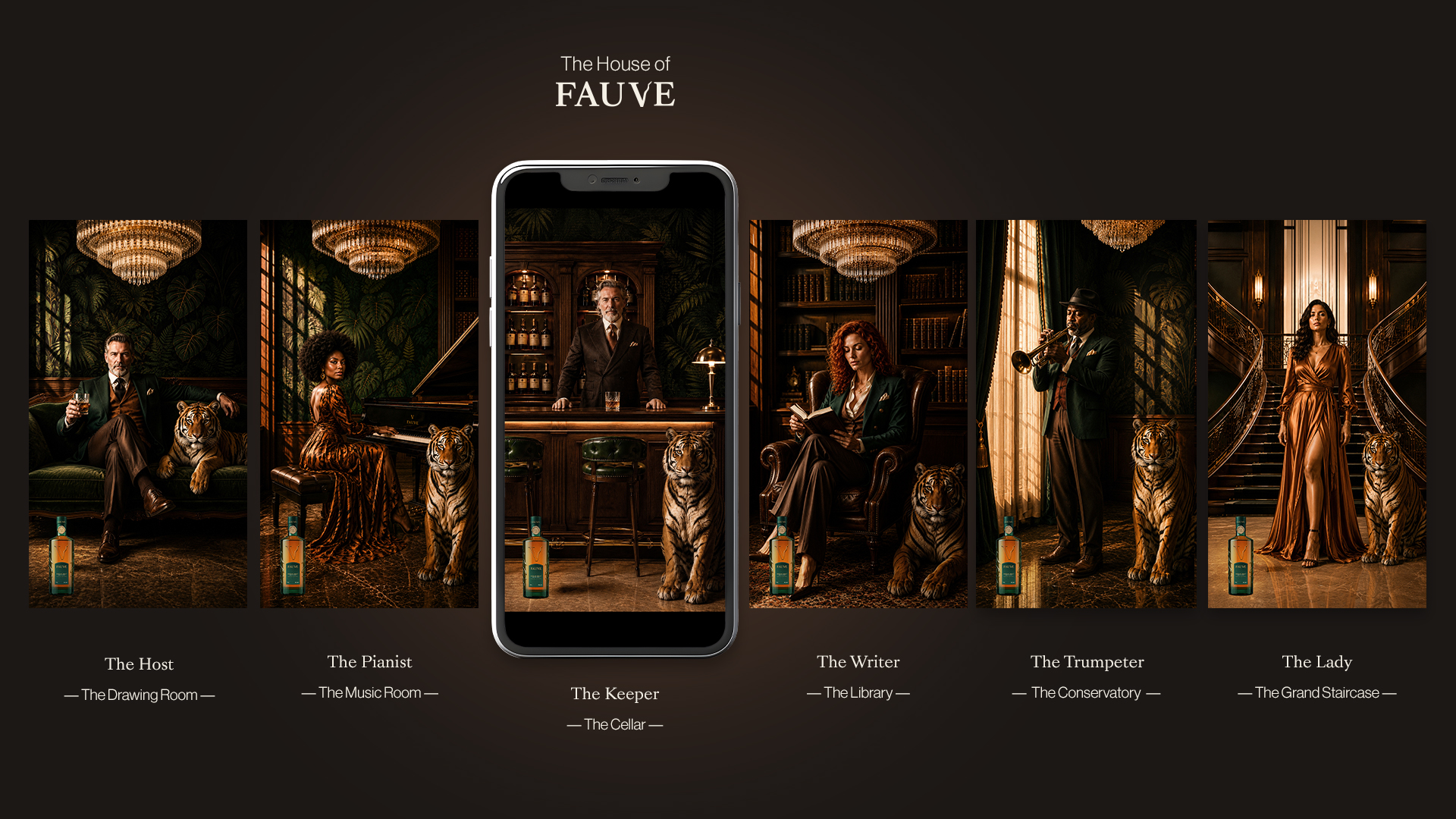 Série de Reels et Stories Instagram de la marque de whisky FAUVE présentant les personnages dans les différentes pièces de la Maison FAUVE au format vertical 9:16.