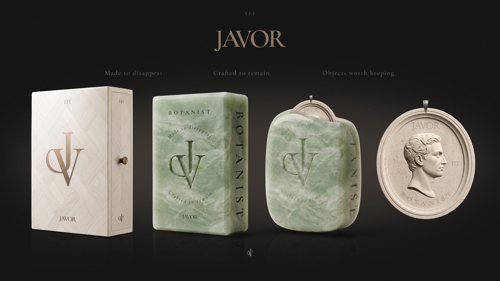 Packaging savon JAVOR Botanist avec coffret premium, savon vert et camée sculpté