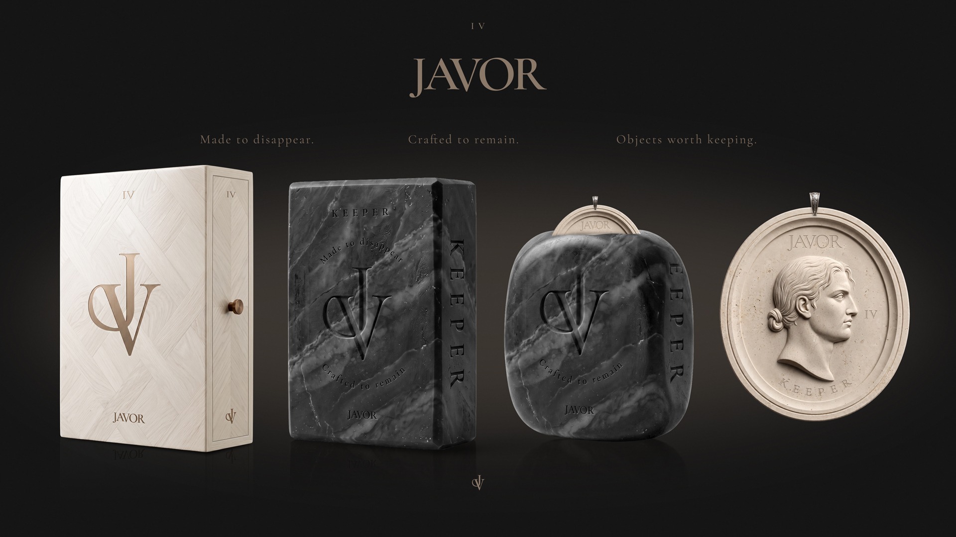 Packaging savon JAVOR Keeper avec coffret premium, savon noir et camée sculpté
