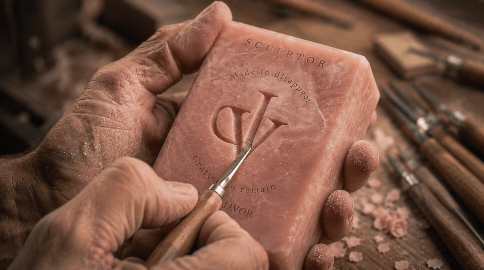 Artisan sculptant le savon Sculptor dans une scène du film publicitaire JAVOR.