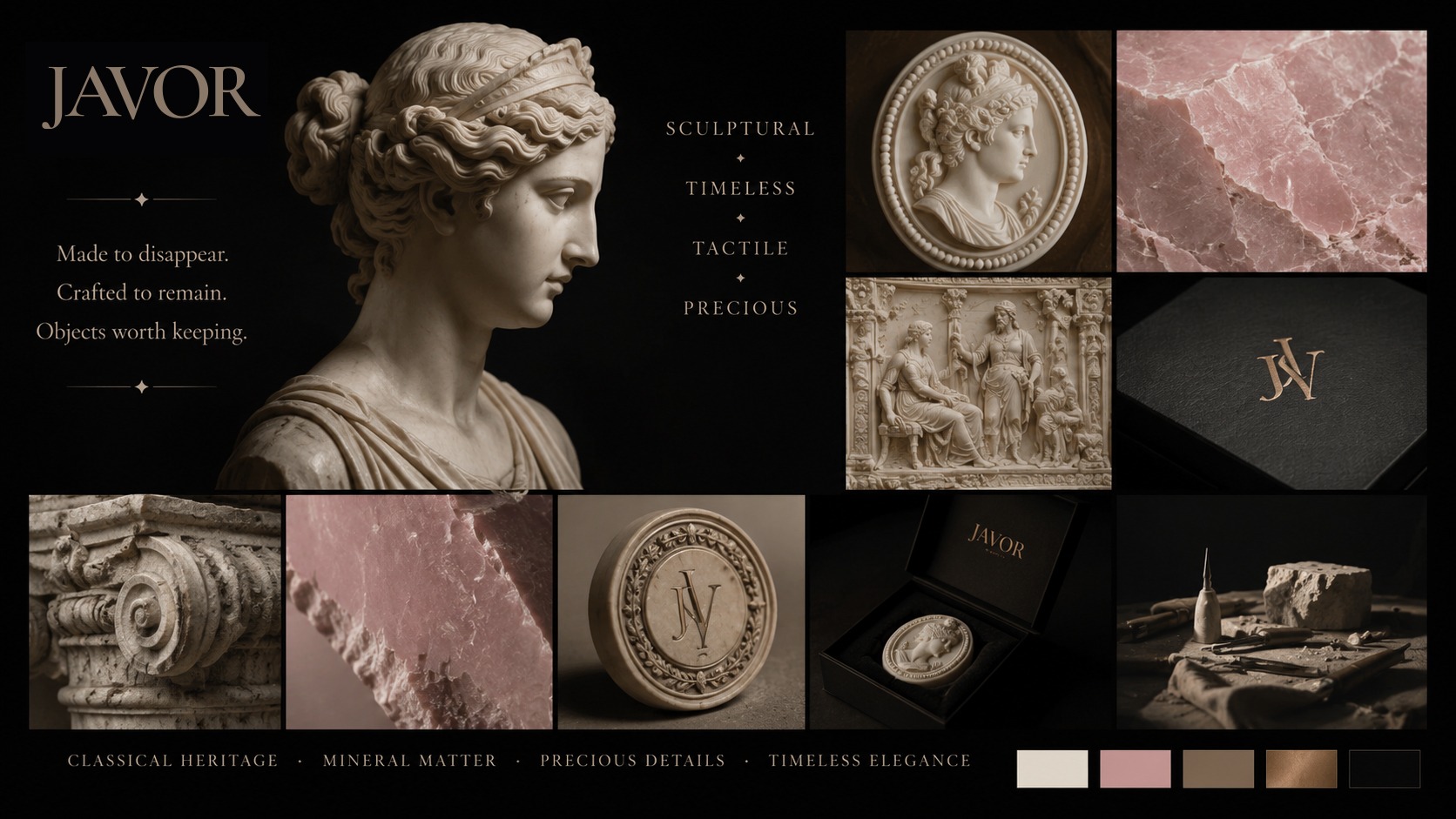 Moodboard JAVOR inspiré de la sculpture antique, des camées et des matières minérales pour un packaging savon haut de gamme