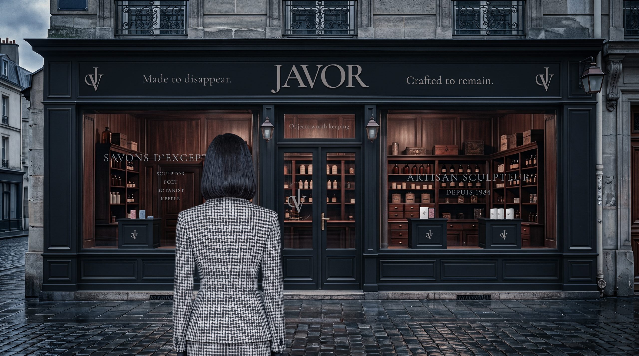 Publicité savon JAVOR avec une femme face à l’officine de la marque, dans une scène inspirée des années 1980.