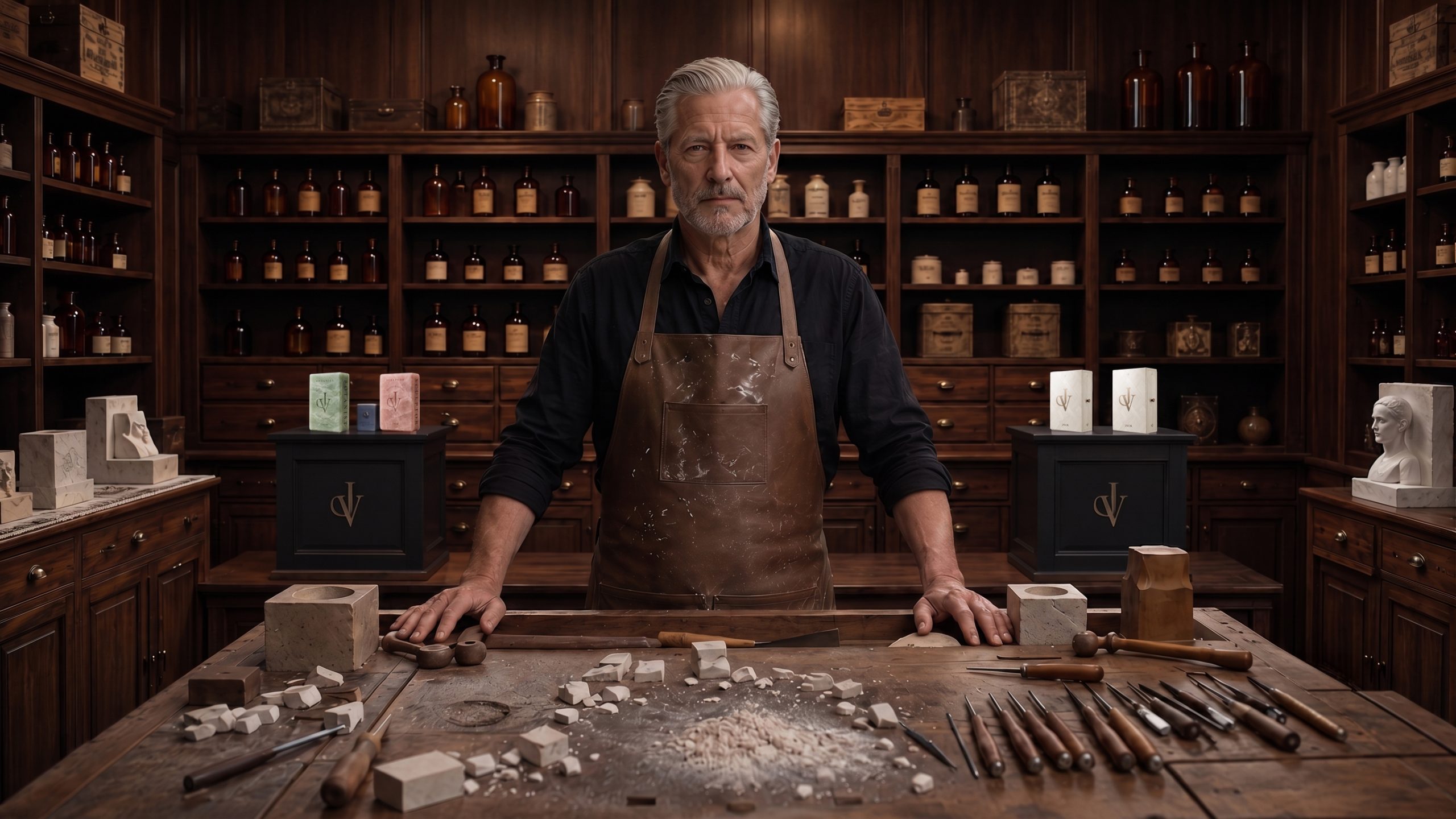 Artisan dans l’officine JAVOR entouré des savons et de leur univers de marque dans le film publicitaire.