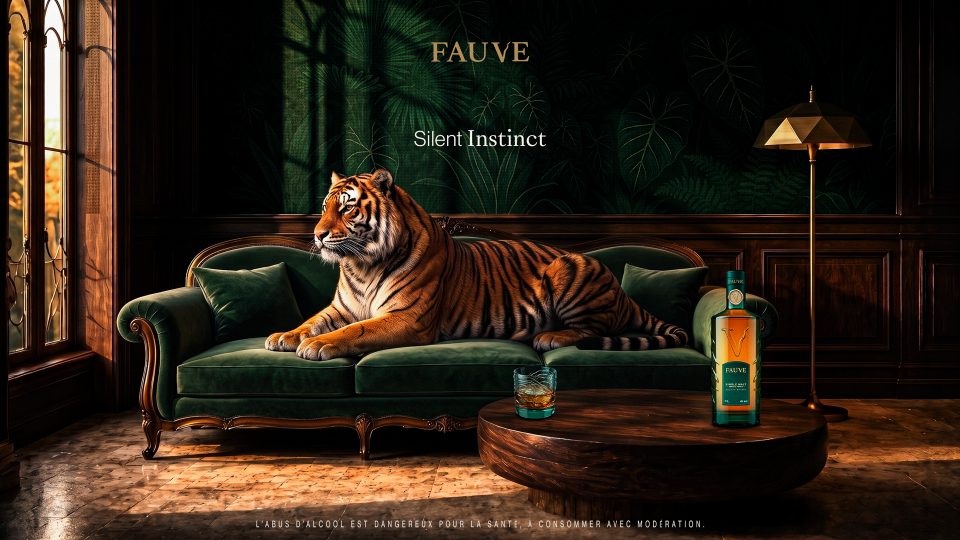 Affiche publicitaire de la marque de whisky FAUVE montrant Kael allongé sur un canapé dans un salon Art déco avec une bouteille de whisky et un verre.