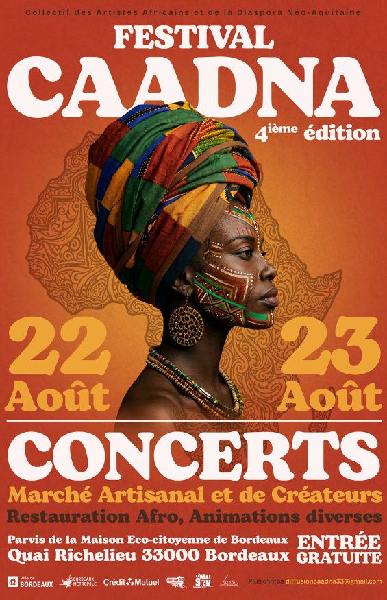 Identité visuelle festival CAADNA 2026 avec affiche officielle présentant les concerts, animations culturelles et marché artisanal à Bordeaux