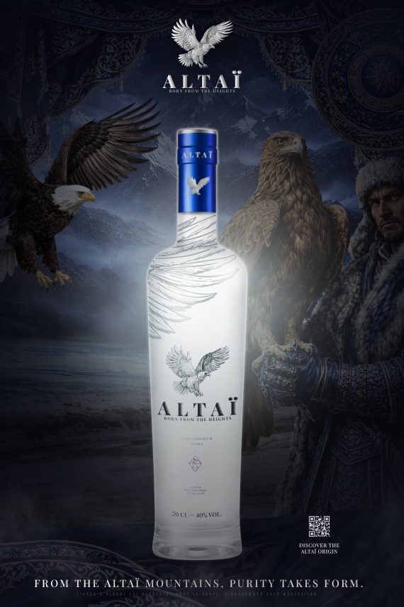 Affiche packshot verticale de vodka premium avec univers de marque et packaging de luxe Altaï