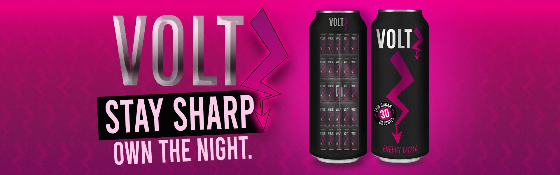 Concept de design energy drink VoltZ avec identité visuelle rose et noire, design de canette et slogan Stay Sharp Own the Night.