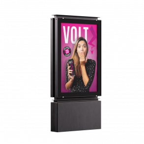 Affiche publicitaire VOLT sur totem urbain, exemple de création d’affiche et design graphique grand format