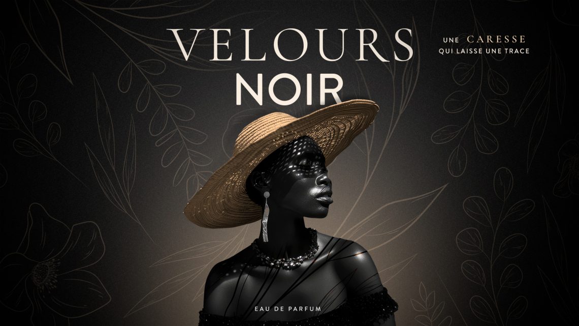 Backdrop artistique pour packaging parfum luxe Velours Noir avec univers visuel sombre et élégant