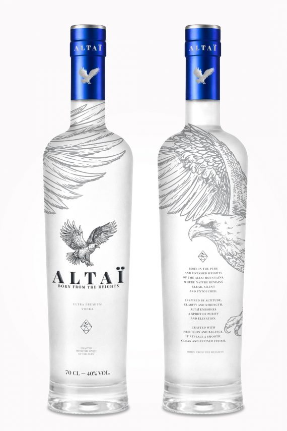 Design de bouteille pour spiritueux premium avec illustration d’aigle et packaging de luxe Altaï Vodka