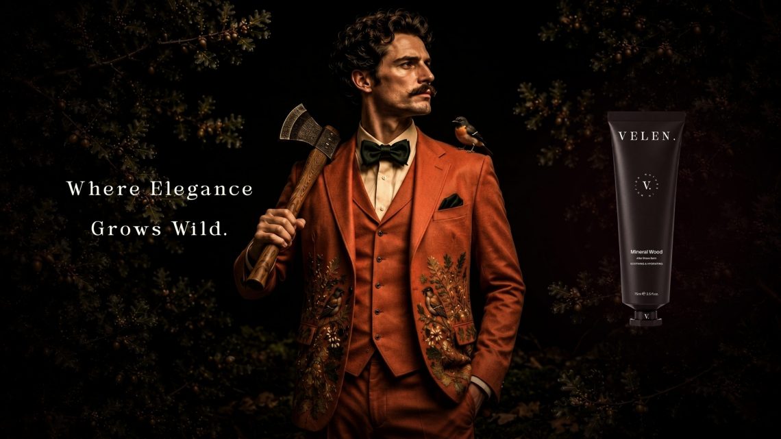 Campagne publicitaire Mineral Wood de la marque VELEN. mettant en scène un univers inspiré du chêne, de la forêt et des rituels masculins
