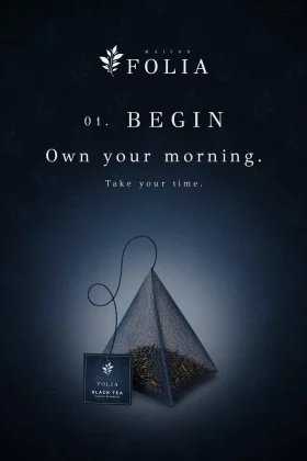 Affiche publicitaire pour sachet de thé pyramide noir Maison Folia avec texte Own your morning.