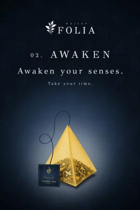 Visuel de campagne présentant le sachet pyramide jaune personnalisé pour le thé vert au citron Maison Folia.