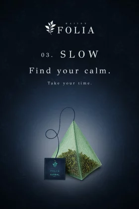 Affiche créative pour infusion à la menthe Maison Folia mettant en avant le sachet pyramide vert.