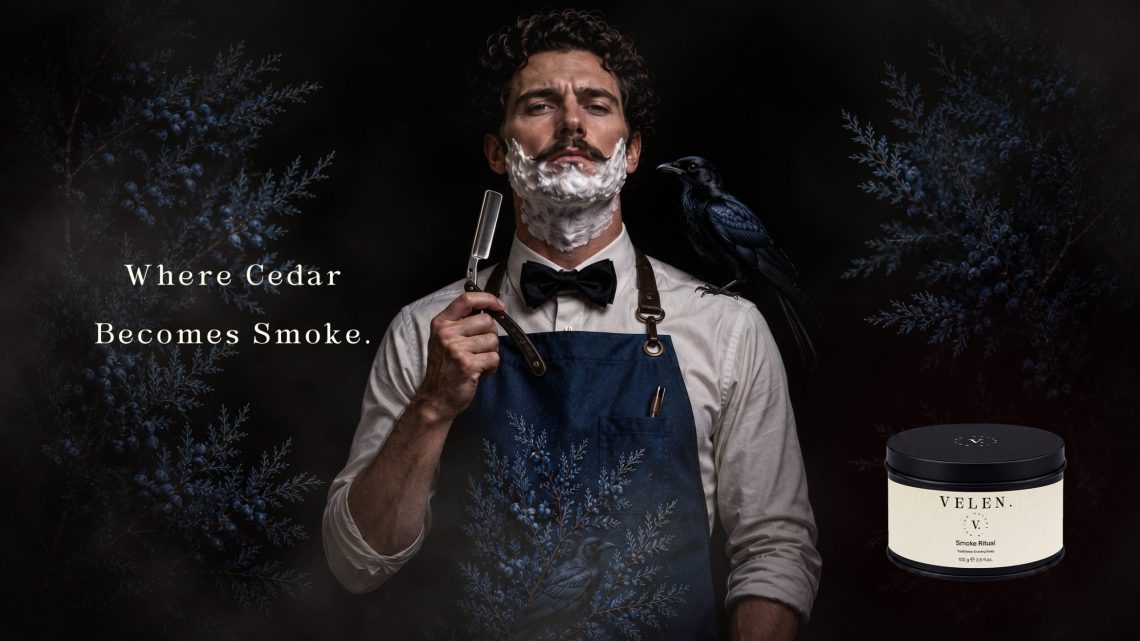 Campagne publicitaire Smoke Ritual de la marque VELEN. mettant en scène l'univers du rasage traditionnel à travers une direction artistique inspirée du cèdre et du corbeau